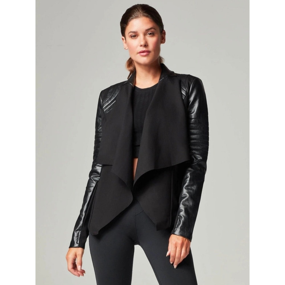 Blanc Noir Black Faux Leather Moto Draped front‎ Waterfall Jacket Women Small